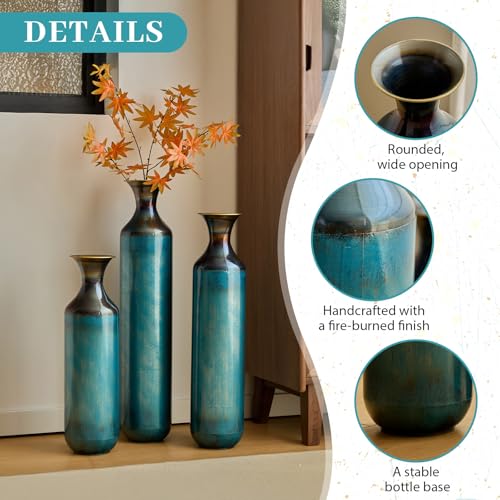 Floor Vases Decorative Tall Set of 3, Teal Blue Torch-Fired Metal Standing Vase for Decor Living Room Rustic Burnt Finish Vases for Fireplace Corner Hallway, Bedroom, Entryway - color: Teal Blue1