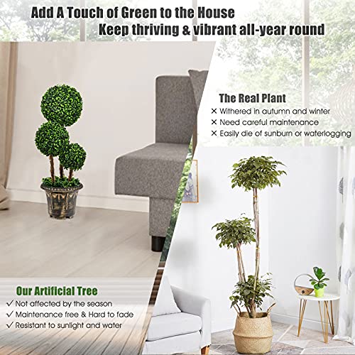 Goplus 2.5 Ft Artificial Boxwood Topiary Tree, 2 Pack Fake Greenery Plants Triple Ball Tree, Leaves & Cement-Filled Plastic Flower Pot Decorative Trees for Home, Office, Indoor and Outdoor Use - size: 2.5 Ft