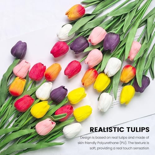 30 PCS Artificial Tulips Real Touch Tulips 13.5inch Long Stem Fake Flowers Silk Flowers for Spring Easter Mother's Day Decorations (MixedColor-2) - color: Multicolor-2