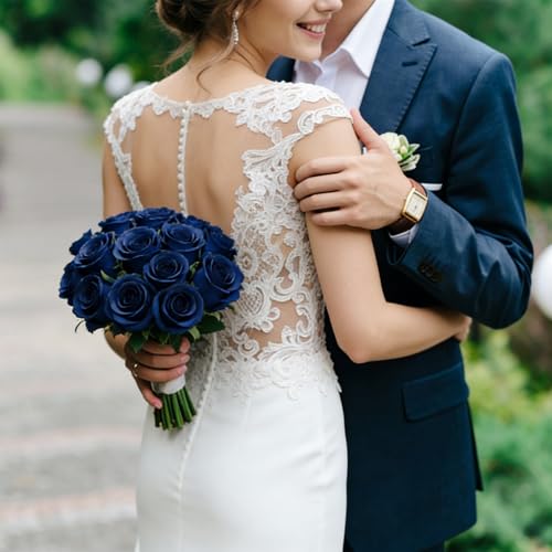 12Pcs Realistic Fake Roses Faux Flowers with Long Stems, Artificial Silk Rose Flowers for Valentines Day Home Wedding Decor Bridal Bouquet (Blue) - color: Blue