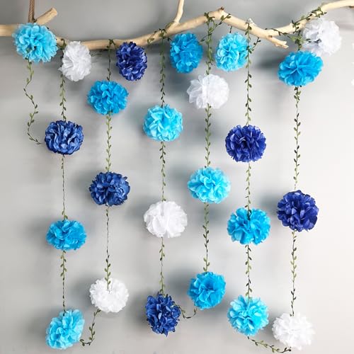 Blue White Party Decorations Ombre Blue Tissue Paper Flowers Pom Pom with Leaf Ribbon Hanging Garland Streamer for Birthday Baby Shower Wedding Under The Sea Nautical Ahoy Achor Party Supplies - color: Blue