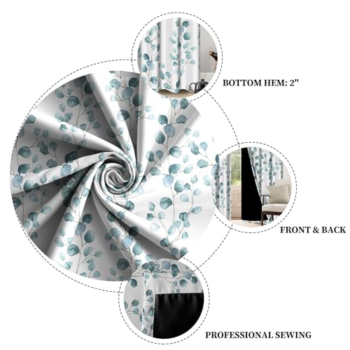 Renaiss Eucalyptus Leaf Curtains Green Eucalyptus Print Blackout Window Drapes for Bedroom Botanical Grommet Top Thermal Insulated Window Curtains for Living Room 29W x 45L 2 Panel Set - color: Eucalyptus, size: 29"W x 45"L (Pack of 2)
