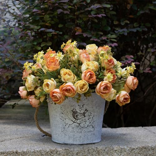 5 Pcs Fake Flowers in Vase Artificial Flower Arrangement Faux Peony Flowers for Home Decor Wall Decoration (Orange Yellow) - color: Orange Yellow