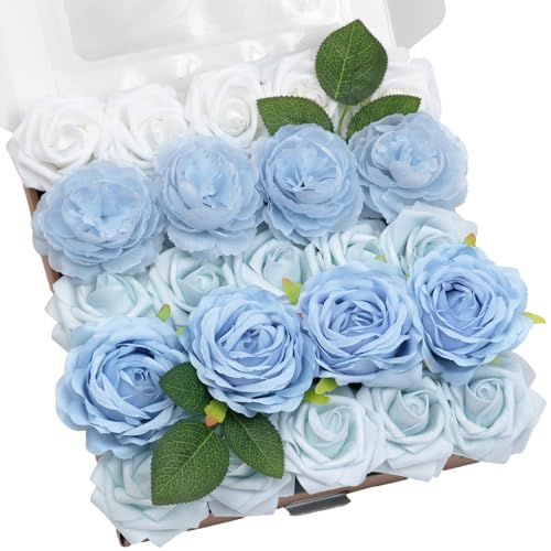 TINGE TIME Rose Artificial Flowers Combo, 23pcs Light Blue Gradient Fake Flowers with Stems for DIY Wedding Bouquets Table Centerpieces Baby Shower Home Party Floral Arrangements Decorations - color: Bluenew