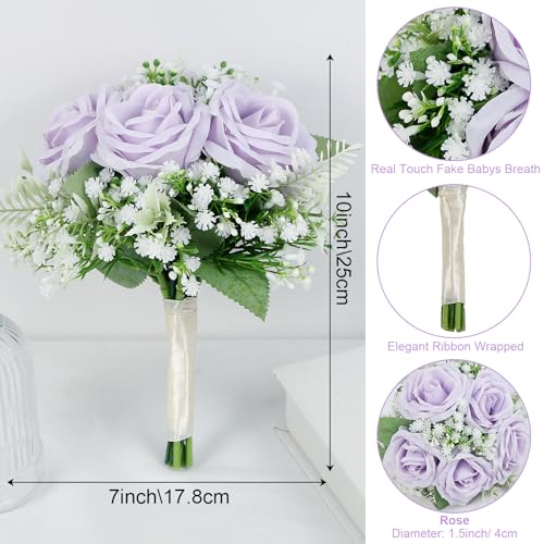Artificial Bridesmaid Bouquets Set of 6 -7 Inch Pre-made Bridesmaid Bouquets Lilac Silk Rose Bouquet Handmade for Wedding Holding Flowers, Bridal Shower Wedding Centerpiece Ceremony and Anniversary - color: Lilac and White, size: Set of 6 Bridesmaid Bouqu