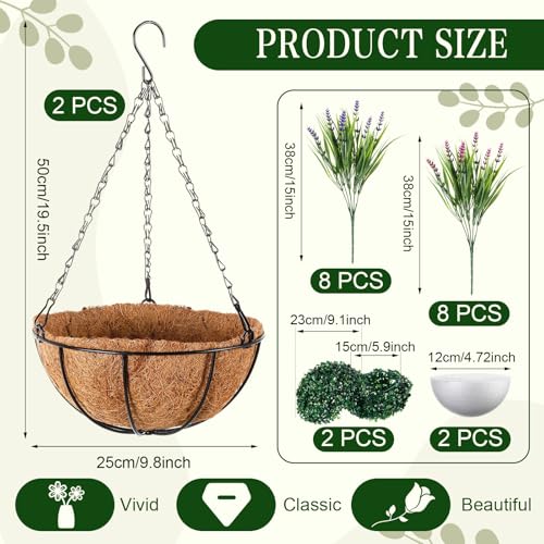 Hotop 2 Pack Outdoor Artificial Lavender Hanging Plants with Basket 16 Bundles UV Resistant Lavender in Coconut Liner Pot Spring Flowers Decor for Porch Patio Home Garden Decor(Light Purple,Purple) - color: Light Purple ,Purple