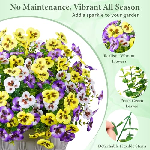 MARTINE MALL 36 Bundles Look Real Artificial Flowers for Outdoors, Realistic Fake Outdoor Flowers, UV Resistant Silk Pansy Flowers for Outside Faux Flower Plants for Outdoor Porch Garden, Mixed Colors - color: Yellow+white+purple, size: 36 Bundles