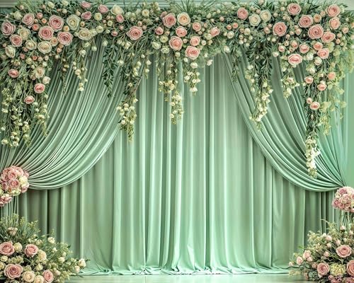 7 x 5 ft Sage Green Floral Backdrop Spring Rose Wall Background Pink Flowers Backdrops Tea Party Backdrop Floral Girls Birthday Weeding Valentine's Day Mother's Day Event Banner Photo Props - color: Green, size: 7X5FT