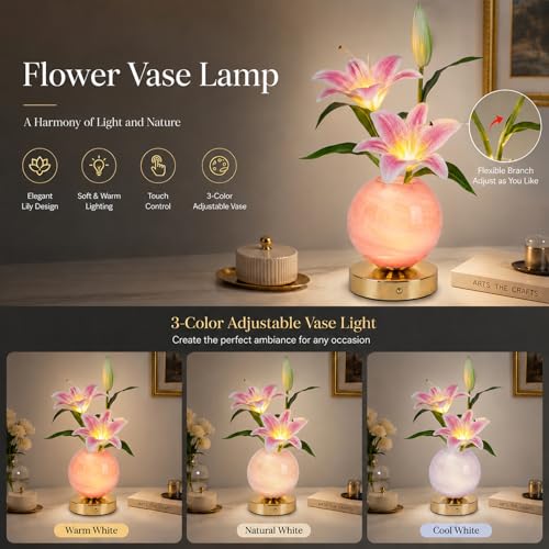 Lily Table Lamp, 3 Color Planet Night Light, Rechargeable Cordless Touch Dimming Artificial Flower Light, LED Flower Bedside Lamp Romantic Gifts for Girl Women Mom (Pink Lily) - color: Pink Lily