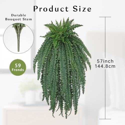 GnFlus Artificial Boston Fern 57 Inch Faux Fern with 59 Fronds, Realistic Ferns Artificial Plants Large Silk Fern Bush for Outdoor Indoor Hanging Planter, Porch Patio Home Farmhouse Garden Decor - size: 59 fronds