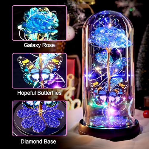 Mothers Day Rose Gifts for Mom Birthday Gift for Women, Rechargeable Galaxy Glass Rose in Glass Dome Crystal Eternal Roses Butterfly Mother's Day Flowers Gifts for Women Mom Wife Grandma Daughter Blue - color: USB-C Blue
