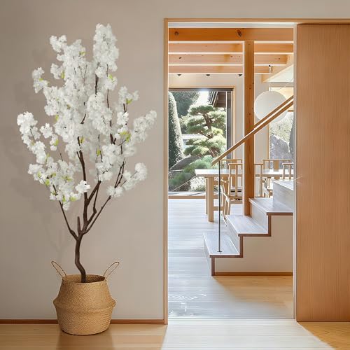 Faux White Cherry Blossom Tree 7ft(84in) Artificial Silk White Flower Tree Lifelike Large Fake Floral Tree for Wedding Realistic Elegant Cherry Sakura Plant in Pot for Home,Living Room,Office Decor - color: Cherry Blossom(white 6), size: 7ft
