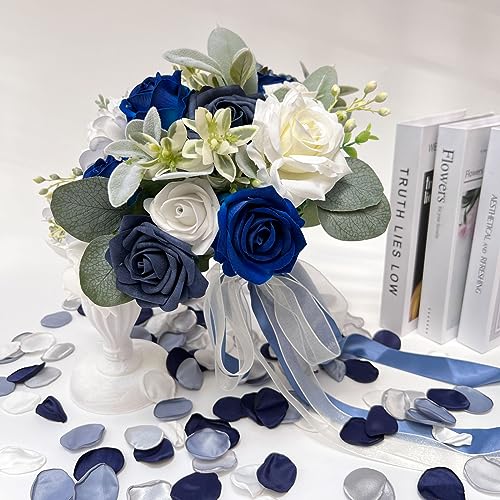 CherishedMoments Bridal Wedding Bouquet, 13.5 Inch Navy Blue Artificial Flowers Bridal Cascading Bouquets,Seaside Beach Wedding Bouquets for Wedding Ceremony and Anniversary - color: Navy Blue