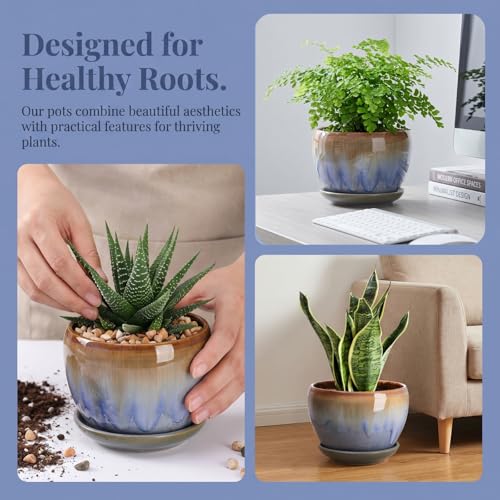 AVLA 3 Pack Ceramic Plant Pots, Gardening Drip Glazed Planters, Decorative Flower Pot with Drainage Hole and Saucer, Round Rustic Houseplant Container for Succulent Herbs Cactus Orchid, Home Office