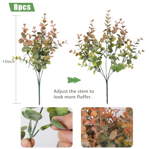 RECUTMS 8 Bundles Artificial Greenery Plants Stems Outdoor Fake Eucalyptus Plants Boxwood Bushes for Summer Farmhouse Office Vase Centerpiece Indoor Graduation Wedding Party Decor(Dusty Orange) - color: Dusty Orange, size: 8 Pcs