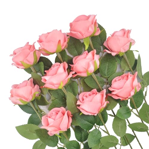 Kenpal Realistic Fake Roses Artificial Flowers with Stem for Decoration Floral Arrangement Centerpieces Wedding Bouquets (10, Coral Pink) - color: Coral Pink