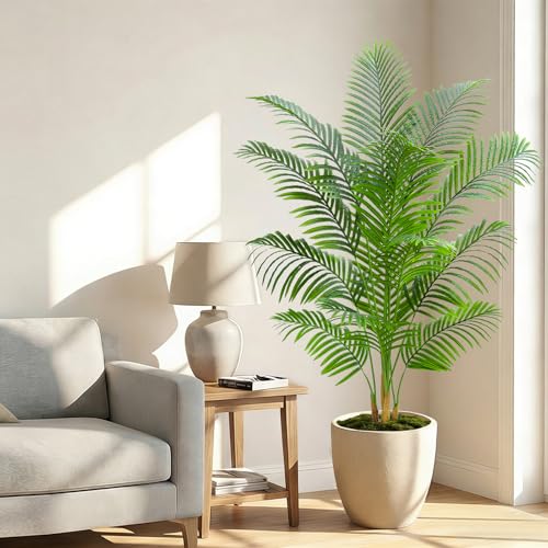 Artificial Palm Tree Plant 6FT Tall Fake Tropical Palm Tree in Pot, Real Bark Design Faux Areca Palm Tree for Home Office Living Room Bedroom Farmhouse Modern Indoor Outdoor Topiary Tree (18 Trunks) - size: 6ft