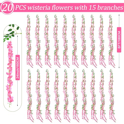 300 Branches Wisteria Hanging Flowers,20Pcs Total 120ft Pink Wisteria Artificial Flowers Garland Vine Silk Hanging Flowers for Wedding Party Arch Ceremony Garden Home Backdrop Decor - color: Pink, size: 20