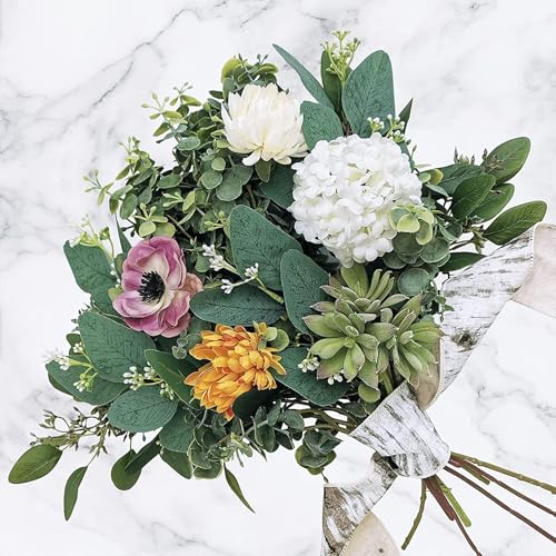 12PCS Mixed Artificial Eucalyptus Leaves Stems Bulk Faux Greenery Spray with White Seeds for Wedding Bouquet Garland Floral Arrangement Decoration (12, Green)