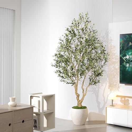 FEELEAD Faux Olive Tree 8ft, Tall Olive Trees Artificial Indoor with Natural Looking Trunk and Lifelike Fruits, Large Fake Olive Tree for Modern Home Office Decor - size: 8ft
