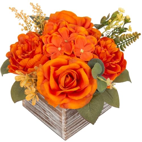 Flower Arrangement with Wooden Vase 8" Artificial Flowers in Pot - Fake Flowers Roses Peonies Hydrangeas in Wooden Vase Potted Artificial Flower Centerpieces for Table Decor Living Room - Burnt Orange - color: 8"h Burnt Orange