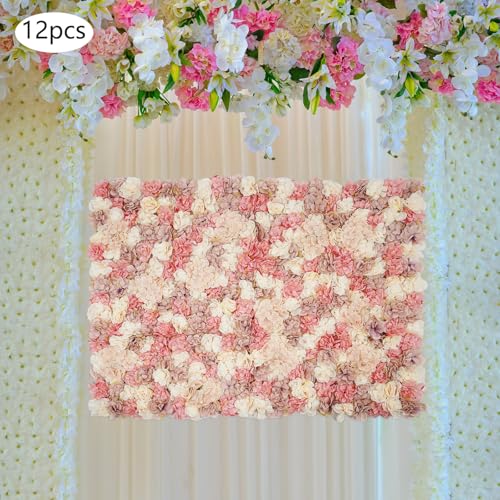 Artificial Flower Wall Panels, Set of 12 Shown in The Pic Dahlia Rose Hydrangea Backdrop, Silk Fabric with 100 Cable Ties, Reusable Party Wedding Home Wall Decor (15x18 Inch) - color: Shown in the Pic