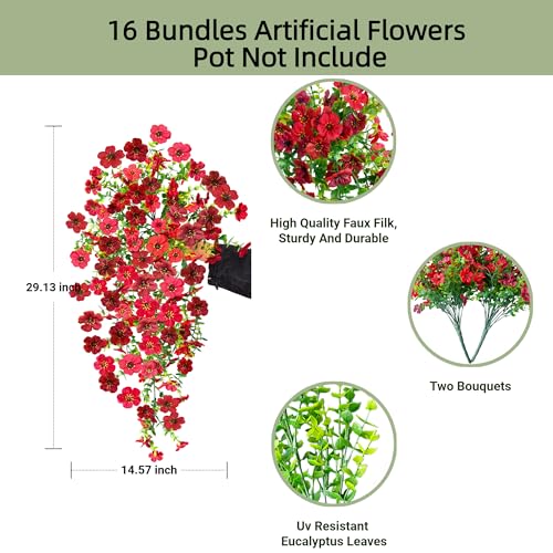 UV Resistant Artificial Hanging Flowers Outdoor Decor - 2 Pack Fake Hanging Plants with Silk Daisies for Spring Summer, No Fade Faux Flowers for Planter, Front Door, Porch, Patio, Garden, Yard - color: Brown Red