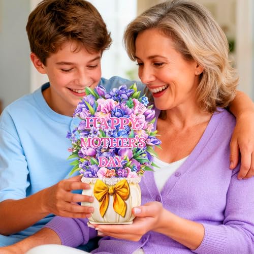 3D Pop Up Flower Bouquet Cards Set of 3 - Orchid Tulip Mothers Day Floral Collection - Birthday Anniversary Thank You for Mom Wife Grandma - Freestanding No Water Everlasting with Gold Envelopes - style: Orchid Tulip Mother's Day