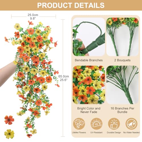 Fake Artificial Hanging Flowers for Outdoors, 2 Pcs Fake Hanging Plant Spring Summer Decor, UV Resistant No Fade Faux Silk Daisy Flower for Front Door Porch Planter Patio Yard Garden(Orange Yellow) - color: Orange, Yellow