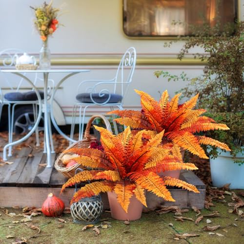 Dremisland Artificial Fall Plants Artificial Fall Ferns for Outdoors, Set of 2 Bouquets 25.5" Diam Fake Ferns Artificial Boston Fern Fake Plant Shrubs for Autumn Halloween Garden Fall Porch Decor - color: Fall-2pcs