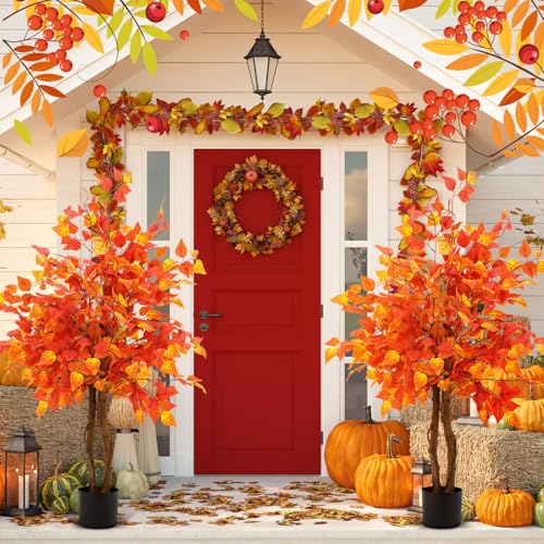 4ft Fall Eucalyptus Tree Artificial Ficus Fall Autumn Tree Decor Artificial Faux Plants Decor with Silk Leaves for Party Porch Fireplace Front Door Outdoor Indoor Office - color: Orange Red