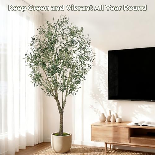 Jocoevol Olive Tree Artificial Indoor 7FT，Tall Faux Olive Tree with White Planter，Realistic Artificial Olive Tree Indoor with Natural Trunk and Lifelike Fruits for Home Office Living Room - size: 7ft