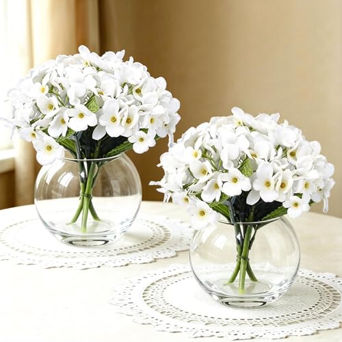 2 Pcs Hydrangea Artificial Flowers - Fake Flowers Real Touch Floral Arrangement with Faux Water in Glass Vase, Home, Bathroom and Office Table Centerpiece Decor（White） - color: White