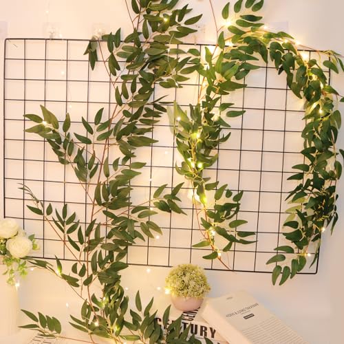 RECUTMS Artificial Hanging Willow Leaves Vine Twigs with Light 2Pc 5.7Ft Fake Silk Green Leaves Ivy Garland Faux Greenery Decoration for Indoor Outdoor Home Wedding Jungle Birthday Party Garden Table - color: Green With Lights