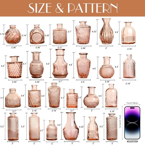Petal Petite Small Amber Glass Bud Vase Set of 24 for Wedding Centerpieces | Amber Glass Vase, Mini Bud Vases in Bulk, Vintage Flower Vase Set for Single Stem, Home and Office Decor - color: Amber