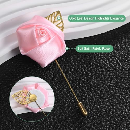 M METERXITY 12-Pack Flower Lapel Pins for Men, Golden Leaf Rose Boutonnieres Pin for Wedding/Dance/Party, Mens Lapel Pins for Suits Satin Flower Corsage Hat Pins [Pink] - color: Pink