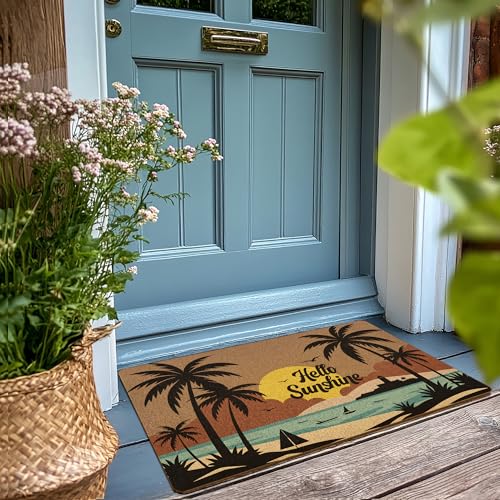 Beach Hello Sunshine Door Mat, Coastal Summer Doormat, Beach Welcome Front Door Mat Indoor Outdoor Entrance, Boho Beachy Artificial Coir Doormats Rugs for Patio Entry Home Decor, 30x17in - color: Beach
