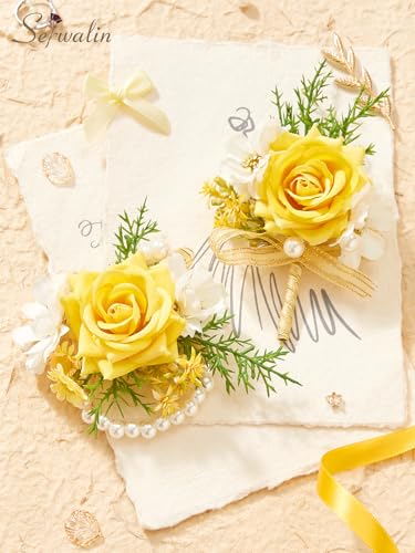 Serwalin Yellow Rose Corsage and Boutonniere Set, Artificial Silk Rose Wrist Corsage Wristlet and Boutonniere Set for Prom Homecoming Wedding Flowers Accessories Party Suit Decorations - color: Yellow, size: 1 Boutonniere & 1 Wrist Corsage - 2pcs