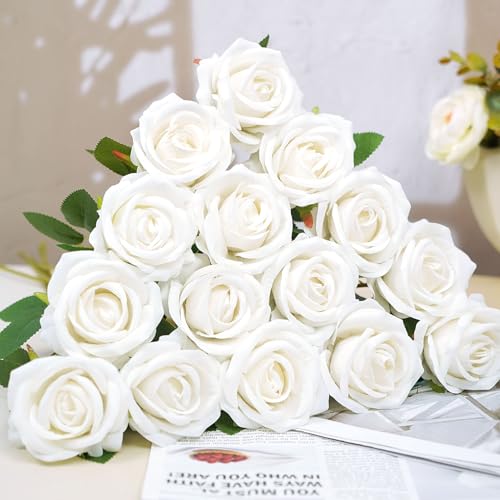 Ouddy Decor 50 Pcs Fake Roses Artificial Flowers Bulk Real Touch Velvet Silk Flowers with Long Stems for Wedding Bridal Bouquet DIY Table Centerpiece Mothers Day Valentines Gifts Home Decor, White - color: White, size: 50 Packs