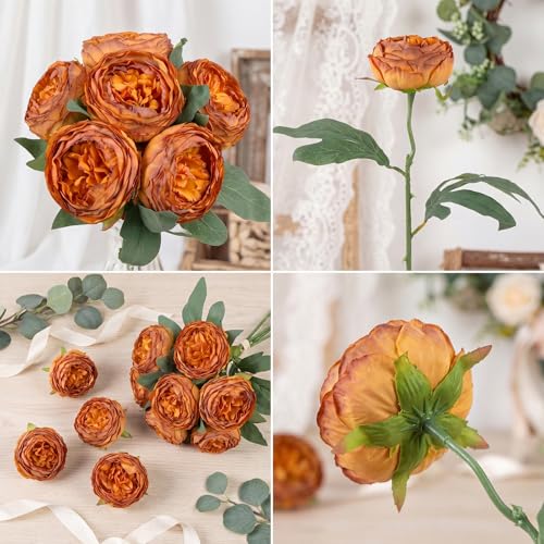 6PCS Burnt Orange Peony Artificial Flowers 19.7" Vintage Faux Peonies Silk Fake Flower Arrangements for Fall Wedding Bridal Bouquet Home Party Office Decoration (Burnt Orange) - color: Burnt Orange