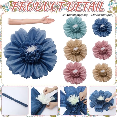Giegxin 6 Pcs 31.5", 24" Boho Giant Paper Flowers Back to School Bulletin Board Decoration Large Pink Blue Classroom Tissue Flowers for Wall DIY Photo Backdrop Classroom First Day of School Party - color: Blue,Pink,Brown, size: 31.5", 24"