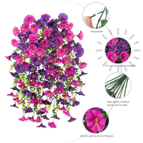 Ivydale 2 PCS Artificial Hanging Flowers Fake Plants Outdoor,Silk Morning Glory Faux Flowers with Eucalyptus Leaf,UV Resistant Realistic Hanging Petunias Plants for Home Garden Decor (Purple+Fuchsia) - color: Purple+fuchsia