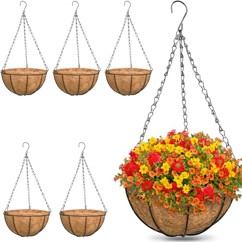 ZeeDix 6 Pack 12 Inch Metal Round Hanging Planter Basket with Coconut Liners Replacement, Hanging planters Baskets with Natural Coco Liner for Outdoor Indoor Planters Flowers Vegetables - color: 6 Pack, size: 12 Inch