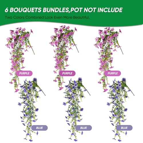 6 Bundles Artificial Flowers for Outdoors, UV Resistant Fake Hanging Flower, Realistic Silk Flowers for Indoor Outside Garden Patio Balcony Farmhouse Porch (Blue, Purple) - color: Blue&purple