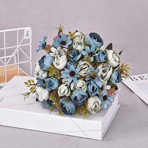 Artificial Flowers for Decoration, Fake Rose Silk Flower Plastic Plants Home Garden Indoor Outdoor Decorations Bedroom Office Room Arrangement Decor Wedding Bridal Bouquet Planter Filler, Blue 4 Pack - color: Rose Bud/ Blue/ 4 Pack