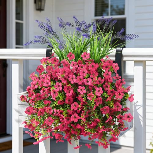Homsunny Artificial Fake Hanging Flowers Plants for Outdoor Outside Decoration, Faux Silk Daisy Flower Realistic UV Resistant for Front Porch Patio Balcony Garden Yard Indoor Planter Home Decor(Pink) - color: Pink