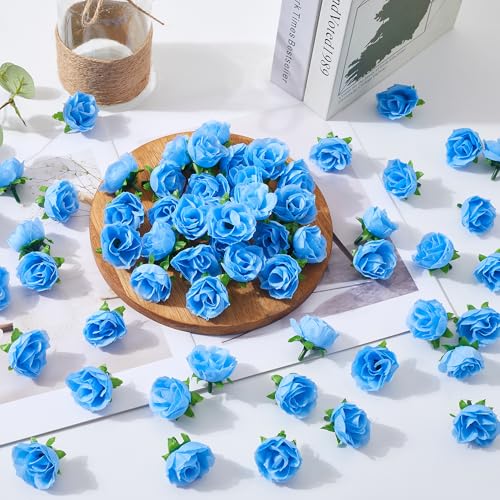 SITUMEIZI 100 Pcs 1.3 inches Mini Light Blue Rose Head Blue Roses Artificial Flowers for Wedding Decor, Graduation Cap, Cake, DIY Flower Wall Mother's Day Home Party Decor - color: Light-blue