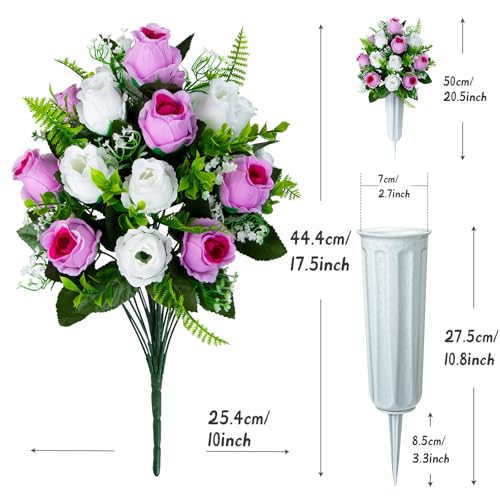XONOR Artificial Cemetery Flowers for Grave Decorations, Artificial Memorial Roses Flowers Bouquet with Vase for Cemetery Headstones Decoration, 2 Sets (Pink&White) - color: Pink&white