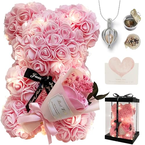 Romantic Valentines Day Gift for Her, Artificial Flowers Bouquet Necklace Rose Teddy Bear with Real Pearl Blind Box Birthday Gift, Valentiness Day Gift for Monther Wife Girl (Pink) - color: Pink