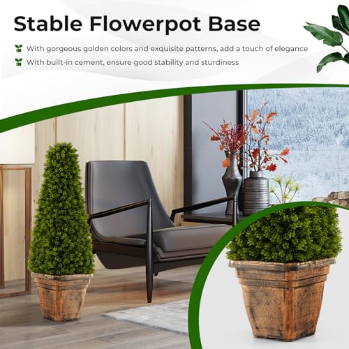 Goplus 3ft Artificial Boxwood Topiary Tree, 2 Pack Cone-Shaped Faux Potted Plants with Cement Flowerpot, Fake Evergreen Artificial Topiary for Indoor Outdoor Home Front Porch Decor